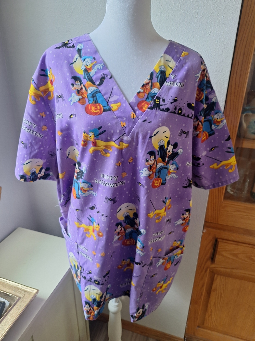 Disney Purple Halloween Womens Scrub Top with Mickey, Donald & Pluto